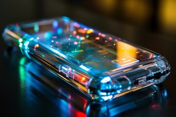 Poster - Transparent cellphone with holographic display, An unobstructed view of a mobile phone on a flat surface, AI generated