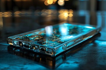 Poster - Transparent cellphone with holographic display, An unobstructed view of a mobile phone on a flat surface, AI generated