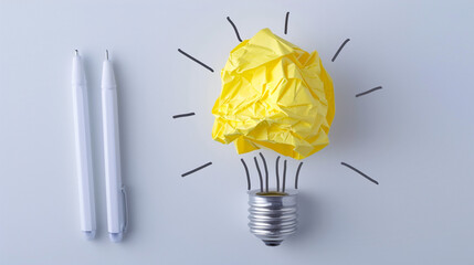 Yellow crumpled paper ball and drawn lamp bulb