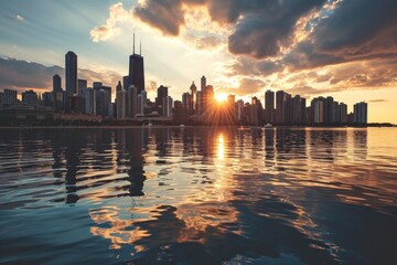 Poster - A stunning view at sunset, with colorful clouds in the sky and buildings illuminated by the fading light, Big city skyline reflected in water during sunset, AI generated