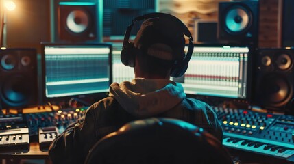 Music producer arranging tracks on a computer in a recording studio.