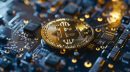 Poster - Bitcoin gold coin with computer circuit processor board for futuristic modern electronic digital currency or financial technology concept. Ai generated
