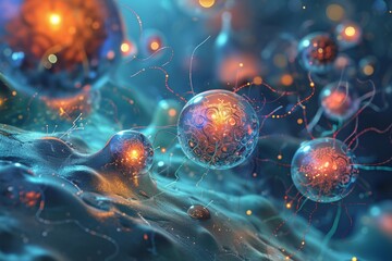 Poster - a cluster of robots with illuminated lights, background featuring nanobots repairing cells, ai gener