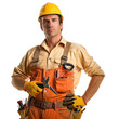 © AlexCaelus - Construction worker in yellow hard hat and orange overalls holding tools. Professional builder ready for work.