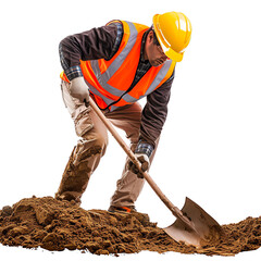 Construction worker wearing safety gear digging with a shovel at a construction site, emphasizing hard work and manual labor.