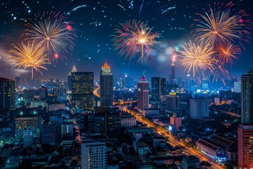 Poster - a breathtaking view of a vibrant city skyline illuminated at night by a dazzling display of firework