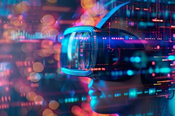 Poster - A close-up of a person wearing a virtual reality headset, with a futuristic digital interface overlaying their vision