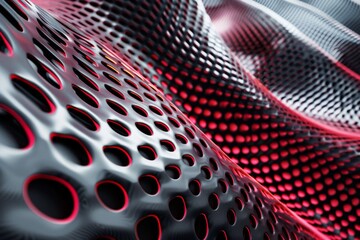 Poster - Close-up of a metallic surface with a repeating pattern of circular holes, creating a dynamic and abstract design