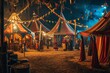 © Tanu - Vibrant circus tent illuminated by lights and adorned with red curtains, setting the stage for entertainment, An old-fashioned circus scene with colorful tents and performers, AI generated