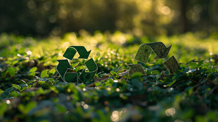 Two Green Recycling Symbols in a Forest Clearing