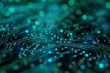 Poster - a close-up perspective of interconnected green and blue circuit board patterns