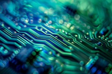 Poster - A close-up view of a circuit board, showcasing the intricate patterns of green and blue lines interconnected across the surface