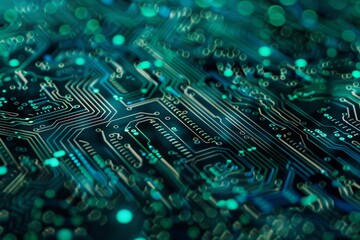 Poster - A close-up view of a circuit board with interconnected green and blue patterns, showcasing the intricate details of modern technology