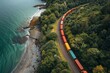 © Elmira - A freight train carrying colorful cargo containers curves through a verdant forest near the ocean