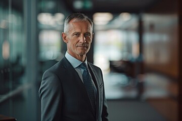 Wall Mural - A mature businessman in a tailored suit stands confidently in a modern office setting, with a blurred background