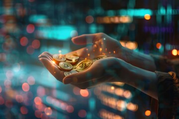 Aufkleber - A close-up of a businesswoman's hands holding a variety of cryptocurrency coins in a futuristic setting, with blurred lights and technology in the background