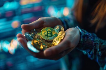 A businesswoman holds a variety of cryptocurrency coins in her hands, with a blurred futuristic background