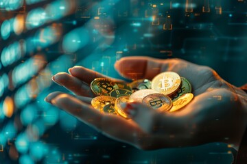 Aufkleber - Close-up of a businesswoman's hands holding a collection of golden cryptocurrency coins against a blurred, futuristic background