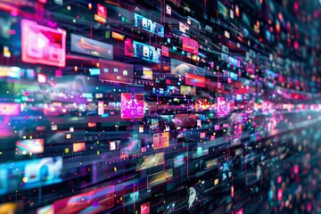 Fototapete - A vibrant digital media wall displaying a multitude of abstract images representing streaming platforms and social media channels