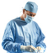 © AlexCaelus - A surgeon in blue scrubs and mask performing a medical procedure in a sterile environment.