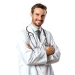 © AlexCaelus - Smiling young doctor in white coat with stethoscope, displaying confidence and professionalism. Medical professional portrait.