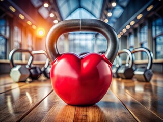 Wall Mural - Heart-shaped kettlebell on a sleek gym background, surrounded by fitness essentials, symbolizing love for fitness and healthy relationships, perfect for Valentine's Day or anniversaries.