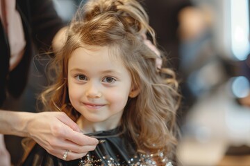 Hair stylist crafting intricate hairstyle for girl with long locks at contemporary salon