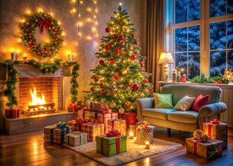 Poster - Cozy living room with festive lights, decorated Christmas trees, and piles of colorful gift boxes on Christmas Eve, conveying joyful holiday atmosphere.