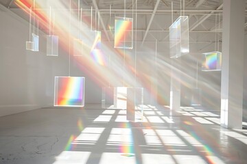 Sticker - A series of hanging, rotating prisms casting rainbows across the room. The background is a minimalist white space with high ceilings