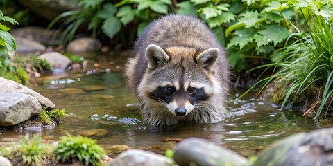 Sticker - Raccoon playing in a small stream during spring at Beauval zoo in France, raccoon, small stream, spring, Beauval zoo, France