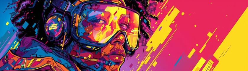 Poster - vibrant digital art of a person wearing goggles, with abstract colors and brush strokes creating a d