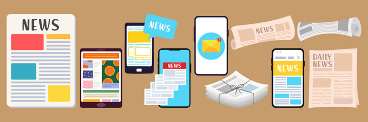 Breaking news set. Flat modern vector illustration of smartphone for online reading news in mobile phone app for a newspaper or magazine. Worldwide media in your device. Printed newspaper publication