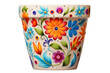 © Phuwadon - A whimsical, hand-painted flower pot adorned with colorful floral patterns, isolated on a white background.