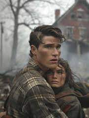 Wall Mural - A man and a woman look on in horror as their home burns down. AI.