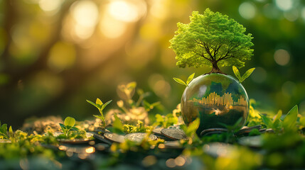 Glass globe with growing tree and coins Green nature blurred background green business investment ideas Savings and financial growth, environment, society and good governance in business.