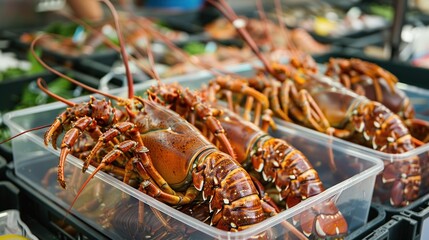 Closeup of fresh raw lobster in plastic box selling at seafood store