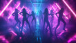 © atitaph - Rear view of a group of people dancing Walking in the pink neon-lit tunnel Abstract blue interior