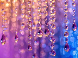 Poster - Close-up of water droplets on a string with a blurred background. AI.