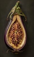 Poster - A cross-section of an eggplant reveals its intricate and beautiful interior. AI.