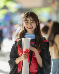 Sticker - A young woman in a graduation gown holds her diploma. AI.