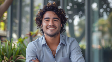 Portrait of young hispanic freelancer businessman outside office building, successful man looking at camera and smiling and with wrinkled hands, worker with curly hair and wearing a shirt