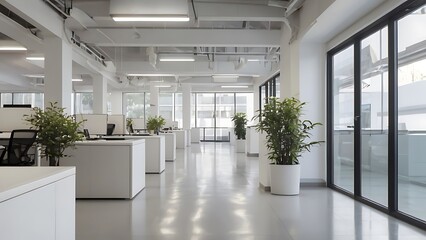 modern office interior with panoramic windows and beautiful lighting