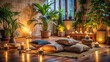 © Sirinporn - Serenene atmosphere of a dimly lit indoor meditation session, featuring cushions, throw blankets, and plants, evoking a sense of calmness and tranquility.