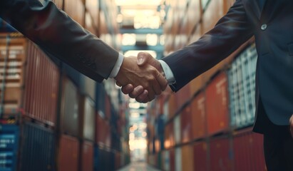 Business partners shaking hands in front of shipping containers.