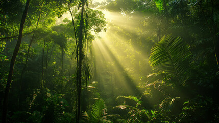 Illuminated scenery in the floor of a forest or park. It features beautiful mist and foliage with warm sunset light. green forest nature