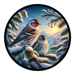 A circular 3D rendered watercolor painting of a male and female Hoary Redpoll , perched on a tree limb, isolated on a transparent background