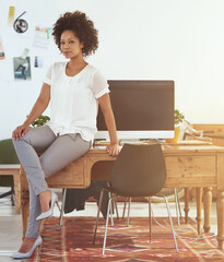 Poster - African woman, designer and portrait in office by computer for fashion, creativity and small business. Person, pride and entrepreneurship by tech with clothes, career and mockup space at workplace