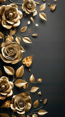 Wall Mural - Metallic golden roses and leaves on black background