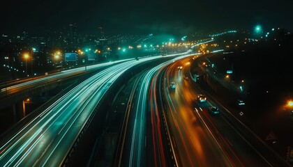 Poster - Urban night hyperlapse  cars, light trails, glowing lines in ai generated motion