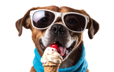 Wall Mural - Pet dog eating an ice cream isolated on a white background